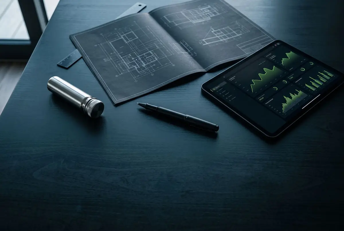 Tablet mit Nachhaltigkeitsdaten neben technischen Unterlagen